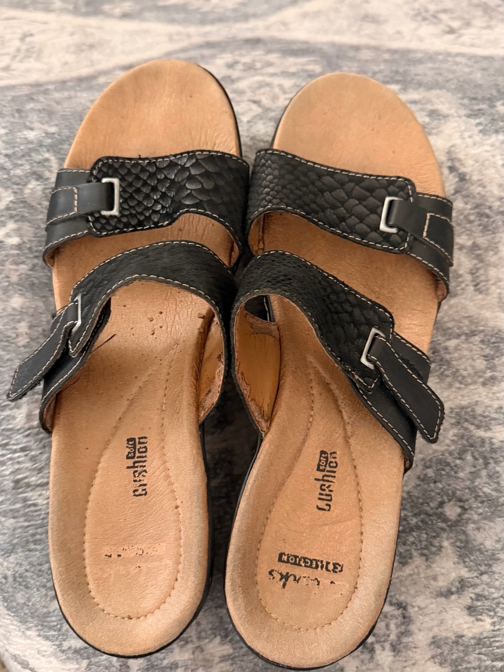 Clarks Black Leather Two-Strap Slide Sandals with Buckle Detail